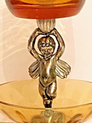Silver Colored Metal Amber Glass 2 Tier Angel Cupid Cherub Votive Candle Holder 2
