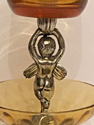 Silver Colored Metal Amber Glass 2 Tier Angel Cupid Cherub Votive Candle Holder 6