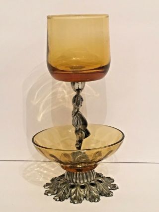 Silver Colored Metal Amber Glass 2 Tier Angel Cupid Cherub Votive Candle Holder 7