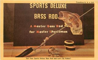 Vintage Linen Postcard Advertising Sports Deluxe Bass Fishing Rod Unposted