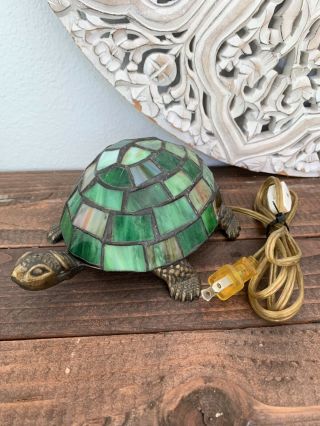 Euc Vintage Tiffany Style Stained Glass Turtle Tortoise Accent Lamp Night Light