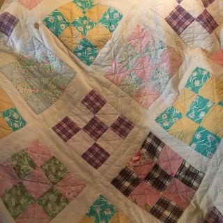 Vintage Hand Stitched Nine Patch Quilt Roses Backing To Restore 72 " X 88 "