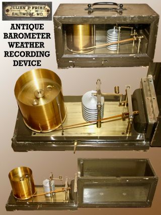 Antique Julien P.  Friez Barometer Weather Recording Device With Brass