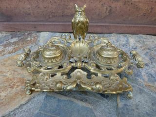 Antique Large Highly Ornate Double Brass Inkwell W/ Owl