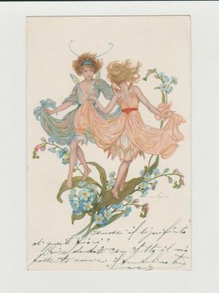 1926 Art Deco E.  Schutz Signed Postcard Two Beauty Womens Dancing With Flowers