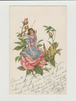 1926 Art Deco E.  Schutz Signed Postcard Beauty Women Over Flower With Butterfly