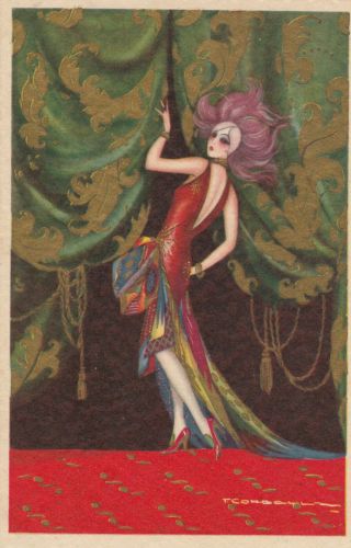 Art Deco ; Corbella ; Female Fashion Portrait,  Green & Gold Curtain,  1910 - 30s