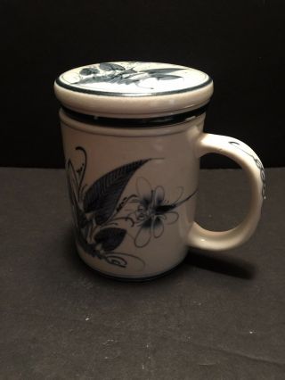 Large Hand Painted Tea Mug With Infuser And Lid Dragonfly Design