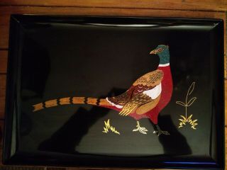 Couroc Of Monterey Ringed Neck Pheasant Bird 18 " X 12.  5 " Inlaid Wood Black Tray