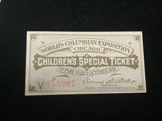 Columbian Exposition Single Child’s Day Ticket: Cu & Pq