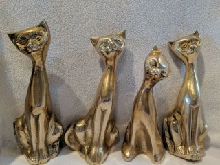 Set Of 4 Vintage Mid - Century Brass Siamese Cat Statues/figuines