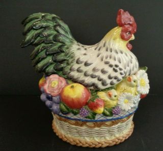 Vintage Fitz & Floyd Colorful Chicken Hen & Chicks Tureen Rooster Black & White