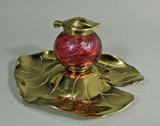 Art Deco Style Brass And Cranberry Glass Lotus Shaped Inkwell 20th Century