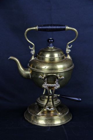 1892 Antique Brass Teapot On Stand With Burner Patent S&c Trademark Tea Kettle