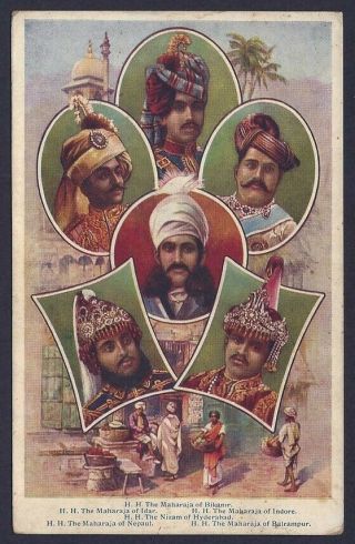 India Vintage Color Postcard Maharajas Of Bikaner Idar Nepal Indore Etc.