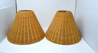 Set Of 2 Vintage Rustic Wicker Rattan Straw Lamp Shades 10.  5 Slant X 14.  5 " Diam.