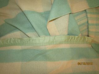 Vtg Wool Striped/plaid Blanket Double Long 72 " X 165 " Green Ivory Heavy Flannel