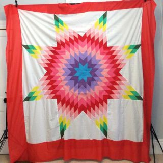 Lone Star Quilt Top Colorful Red Rainbow Hand Stitched 100 Inch Queen King Size