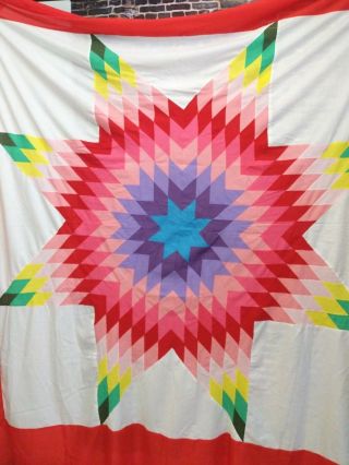 Lone Star Quilt Top Colorful Red Rainbow Hand Stitched 100 Inch Queen King Size 2