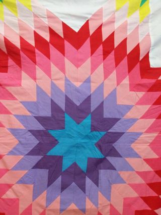 Lone Star Quilt Top Colorful Red Rainbow Hand Stitched 100 Inch Queen King Size 3