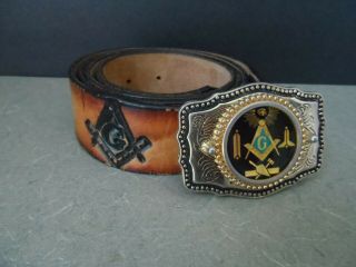 Masonic Hand Tooled Leather Belt With Silver Black Gold Trimmed Belt Buckle