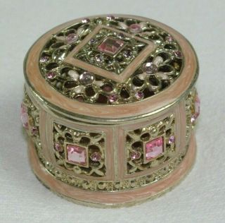 Pink Jeweled Gold Toned Metal Vintage Inspired Round Trinket Box Jewelry