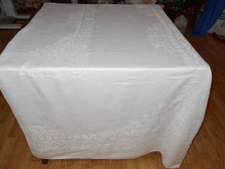 86x70 Vintage Antique White Irish Linen Double Damask Tablecloth