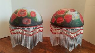 Vintage reverse hand painted frosted glass lamp shades beaded fringe floral rose 2