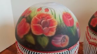 Vintage reverse hand painted frosted glass lamp shades beaded fringe floral rose 3