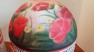 Vintage reverse hand painted frosted glass lamp shades beaded fringe floral rose 5