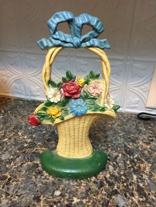 Antique Hubley French Basket Of Flowers Door Stop Bookend Cast Iron 10 1/2 High