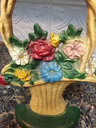 Antique Hubley French Basket of Flowers Door Stop Bookend Cast Iron 10 1/2 high 3