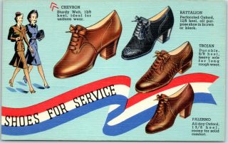 Vintage " Shoes For Service " Advertising Postcard Clothing Curteich Linen C1940s