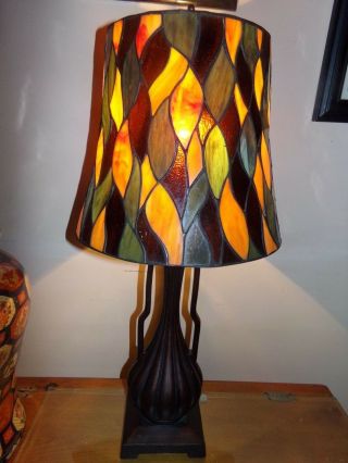 Vintage Tiffany Style Amber Multi Stained Glass Table Lamp