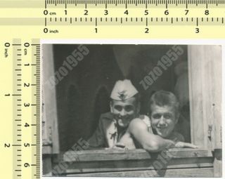 Two Guys On Window,  Shirtless Man And Soldier Males Gay Int Abstract Old Photo