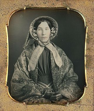 Light - Eyed Young Woman Wearing Bonnet Flowers Shawl 1/6 Plate Daguerreotype E357