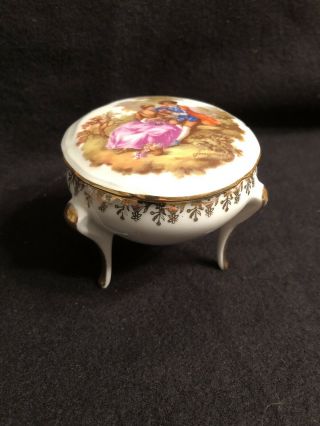 Vintage Antique Limoges France Porcelain 3 Footed Trinket Ring Box Gold Trim