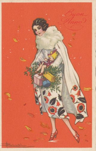 Busi ; Art Deco Female Portrait,  Christmas,  Buon Anno 1,  1910 - 30s