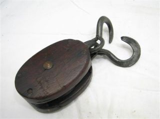 Antique Wood & Hand Forged Iron Snatch Block Single Pulley Farm Barn Tool