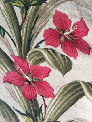 Vintage Barkcloth Tropical Hibiscus Floral Curtain Drape Red Green Tiki 1940s