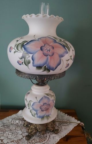 Vntg Lrg 25 " Parlor Lamp Gone With The Wind Hurricane Floral Glass