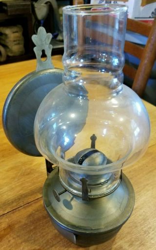 Antique Vintage 11 " Brass Oil Lamp With Globe & Reflector Wall Mount