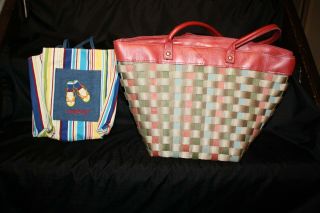 Longaberger Woven To Go Tote Purse & Extra Tote Pink Green