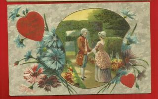 Valentine Embossed Pc/ Victorian Man,  Lady Holding Hands/wild Flowers/ Heart