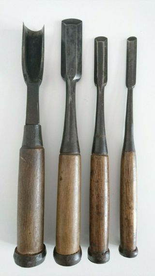 Japanese Chisel Maru Nomi With Sign Set Of 4 Carpentry Tool Japan Blade