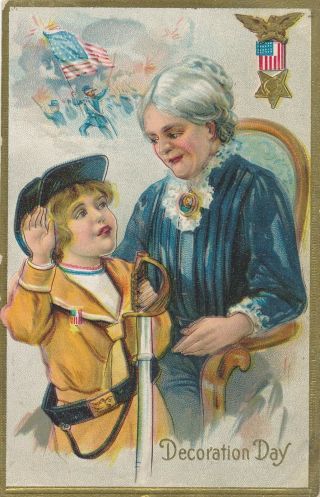 Woman And Child Decoration Day Memorial Day Patriotic Postcard