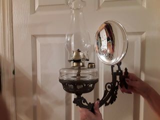 Antique 1880s Oil Lamp W/ Bracket " B&h 2 W/ Wall Hanger.  And 8 " Mercury Reflect