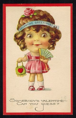 Collectible Vintage Valentine Postcard: Brown Eyed Girl Holds Fan & Heart Purse