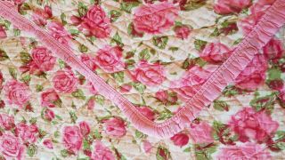 Vintage Bedspread Pink Roses Cotton Reversible Pink Edge Mid Century