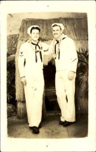 Wwii Era Rppc Real Photo Postcard Us Navy Sailors Buddies Leis Hawaii?